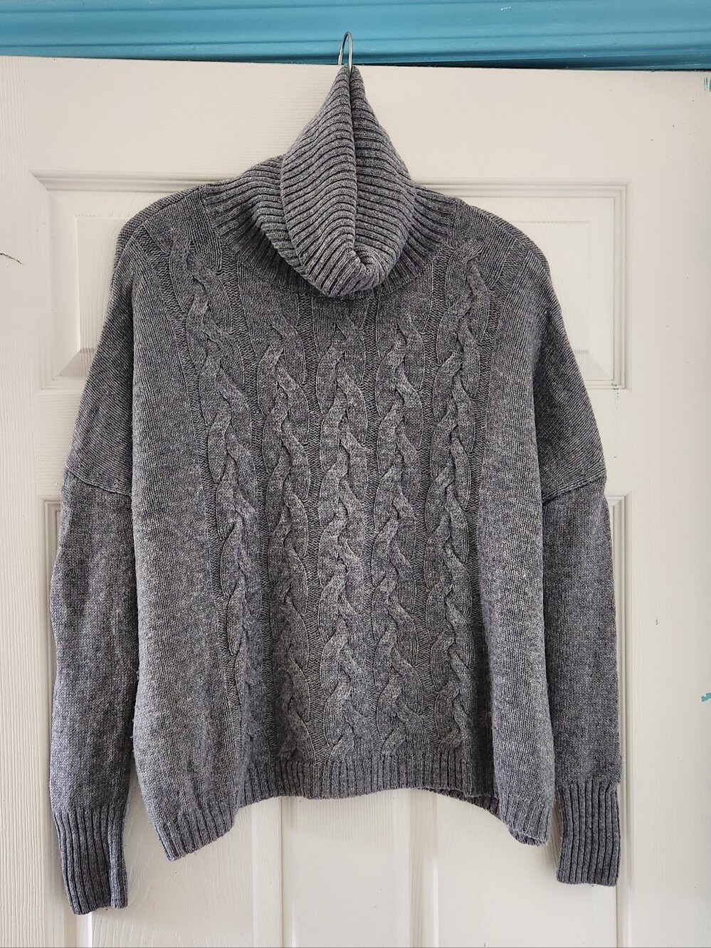 Classic Gray Cable Knit Turtleneck Sweater, Wool & Cashmere Blend